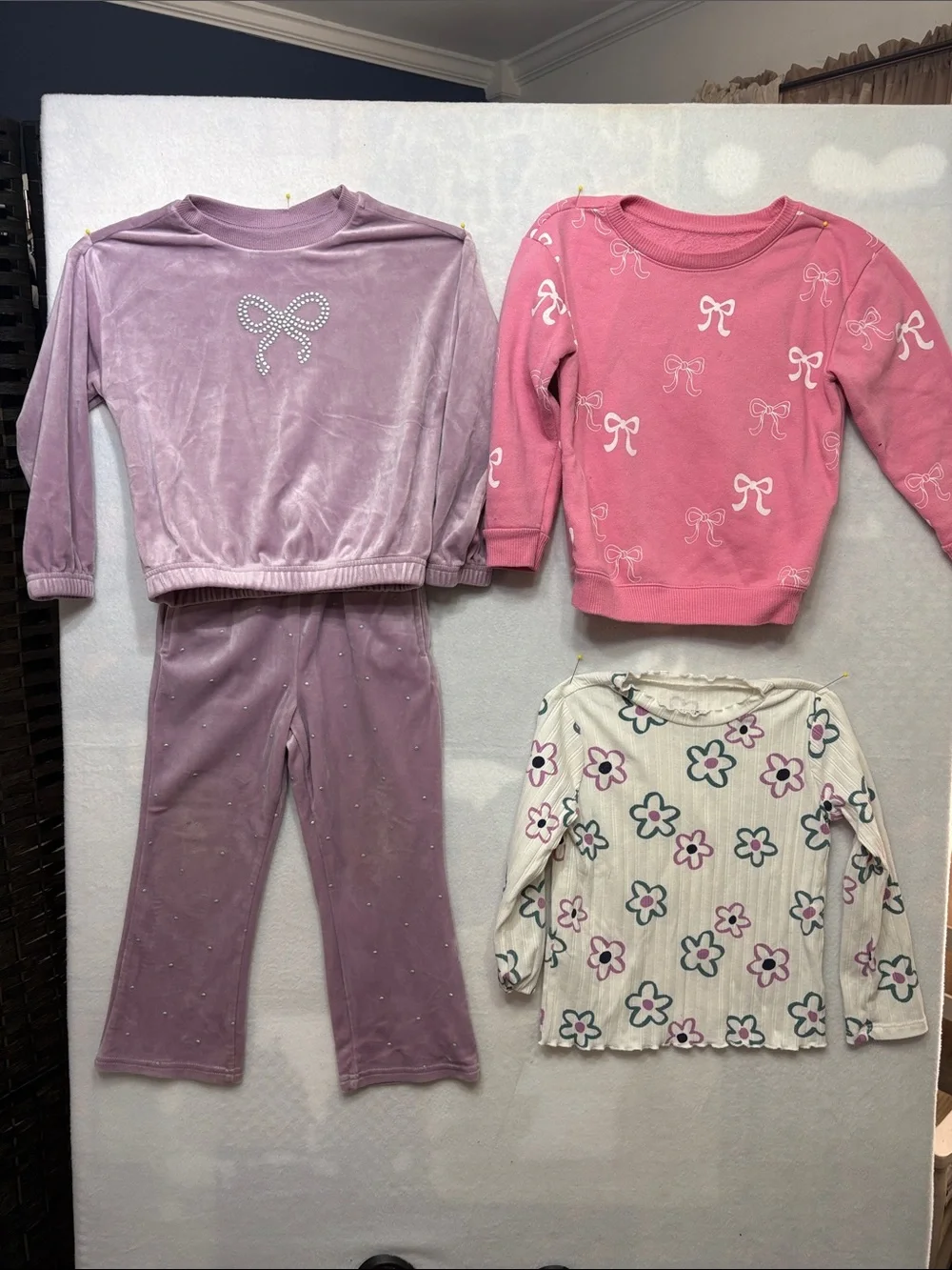 Lot of Girls Cozy Lilac Velour Set with Bow Detail and 2 additional tops. SIZE 4